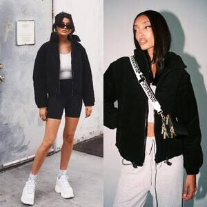 Princess Polly Black Corduroy High Neck Oversized Puffer Jacket $115 Size 4 US